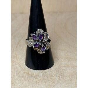Vintage 925 Sterling Silver Amethyst Marcasite Floral‎ Cluster Ring Size 9